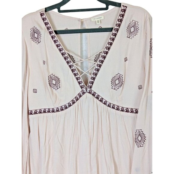 En Creme Women size M Embroidered Peasant Bohemian Flared Sleeve Aztec Tunic Top - Picture 2 of 14